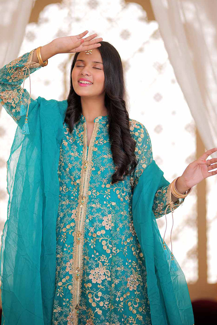 Picture of Senorita - GDD-02372 | Turquoise Green & Golden | Formal 3 Piece Suit | Plain Organza Banarsi - Available at Raja Sahib