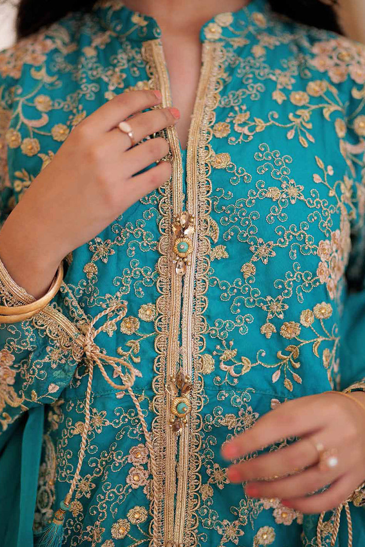 Picture of Senorita - GDD-02372 | Turquoise Green & Golden | Formal 3 Piece Suit | Plain Organza Banarsi - Available at Raja Sahib