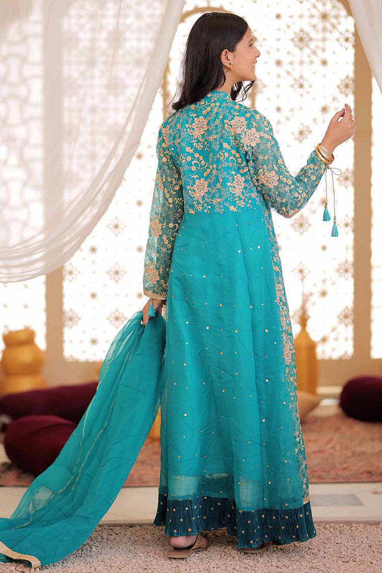 Picture of Senorita - GDD-02372 | Turquoise Green & Golden | Formal 3 Piece Suit | Plain Organza Banarsi - Available at Raja Sahib