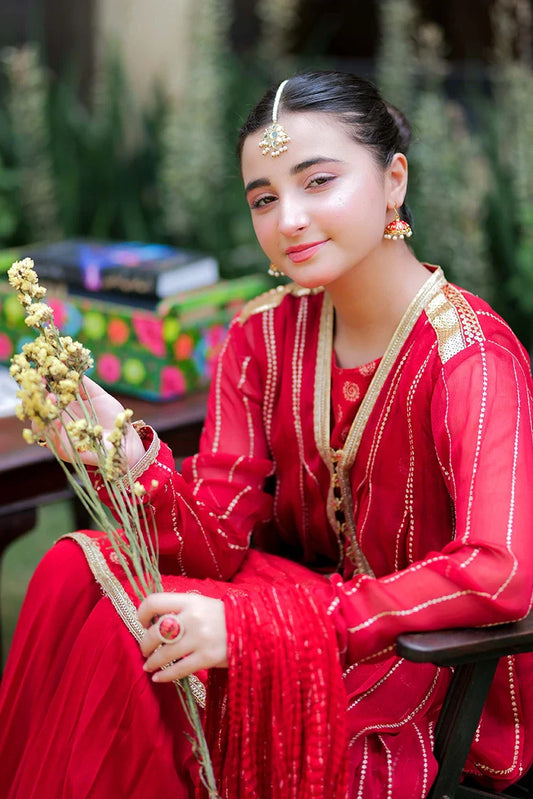 Picture of GDD-02812 | Red & Gold | Formal 3 Piece Suit | Viscose Crinkle Chiffon - Available at Raja Sahib