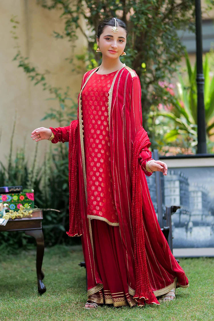 Picture of GDD-02812 | Red & Gold | Formal 3 Piece Suit | Viscose Crinkle Chiffon - Available at Raja Sahib