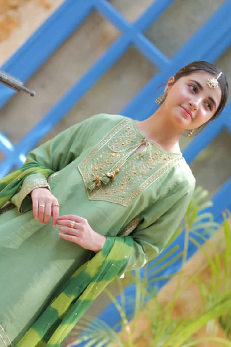 Picture of Girls formal clothes | Green & Gold | Formal 3 Piece Suit | Viscose Raw Silk | GDD-02813 - Available at Raja Sahib