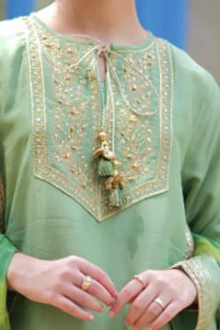 Picture of Girls formal clothes | Green & Gold | Formal 3 Piece Suit | Viscose Raw Silk | GDD-02813 - Available at Raja Sahib