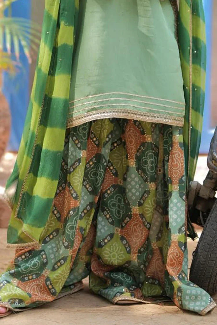 Picture of Girls formal clothes | Green & Gold | Formal 3 Piece Suit | Viscose Raw Silk | GDD-02813 - Available at Raja Sahib