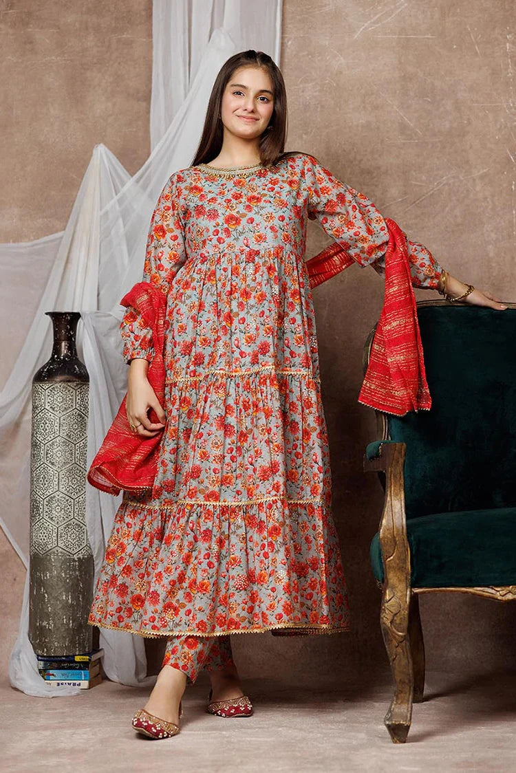 Picture of Girls formal clothes | Grey & Multicolor | Formal 3 Piece Suit | Cotton By Organza Digital Print | GDD-02998 - Available at Raja Sahib