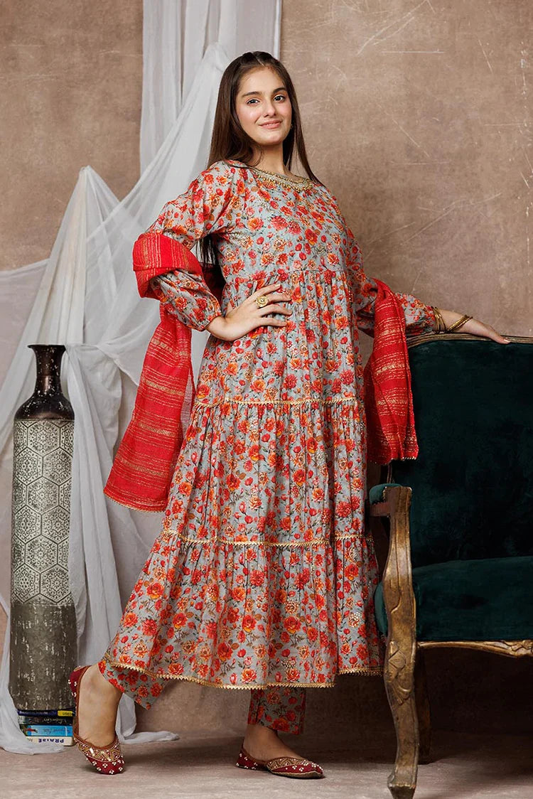 Picture of Girls formal clothes | Grey & Multicolor | Formal 3 Piece Suit | Cotton By Organza Digital Print | GDD-02998 - Available at Raja Sahib