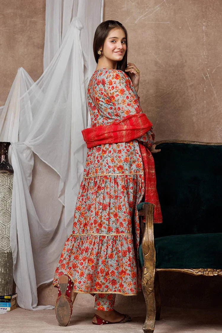 Picture of Girls formal clothes | Grey & Multicolor | Formal 3 Piece Suit | Cotton By Organza Digital Print | GDD-02998 - Available at Raja Sahib