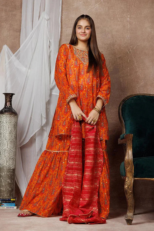 Picture of Girls formal clothes | Orange & Multicolor | Formal 3 Piece Suit | Cotton Organza | GDD-03116 - Available at Raja Sahib