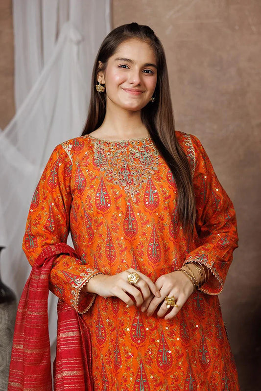 Picture of Girls formal clothes | Orange & Multicolor | Formal 3 Piece Suit | Cotton Organza | GDD-03116 - Available at Raja Sahib