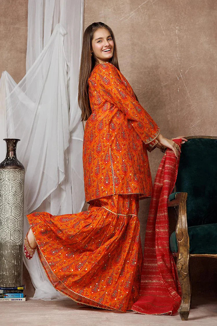 Picture of Girls formal clothes | Orange & Multicolor | Formal 3 Piece Suit | Cotton Organza | GDD-03116 - Available at Raja Sahib