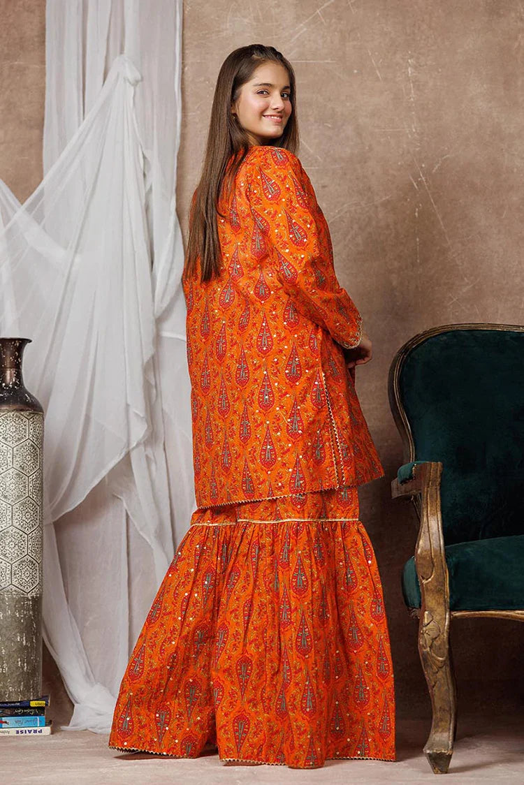 Picture of Girls formal clothes | Orange & Multicolor | Formal 3 Piece Suit | Cotton Organza | GDD-03116 - Available at Raja Sahib