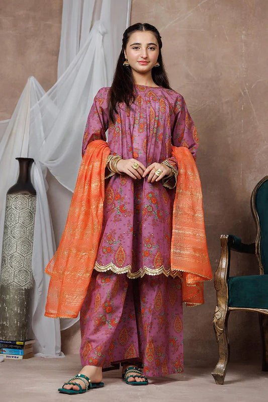 Picture of Girls formal clothes | Purple & Multicolor | Formal 3 Piece Suit | Cotton Shamray | GDD-03138 - Available at Raja Sahib