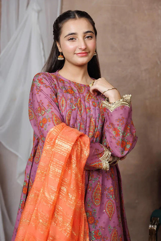 Picture of Girls formal clothes | Purple & Multicolor | Formal 3 Piece Suit | Cotton Shamray | GDD-03138 - Available at Raja Sahib