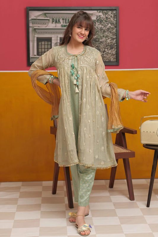Picture of Girls formal clothes | Green & Gold | Formal 3 Piece Suit | Banarsi Masuri Fabric | GDD-03186 - Available at Raja Sahib