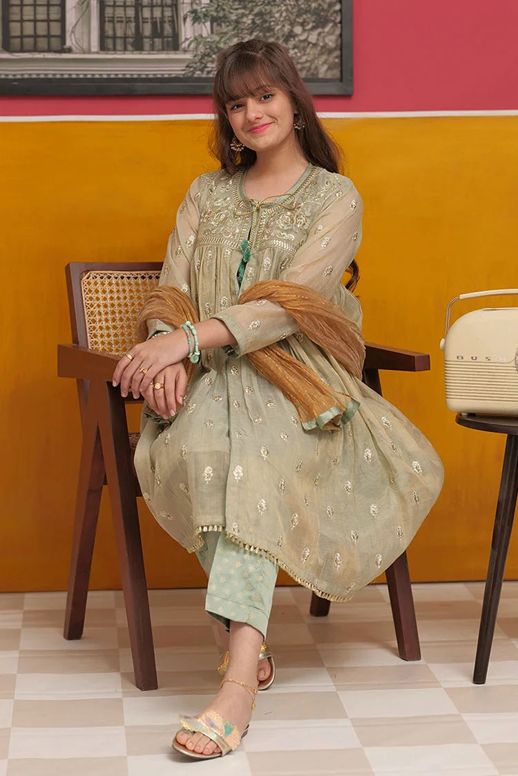 Picture of Girls formal clothes | Green & Gold | Formal 3 Piece Suit | Banarsi Masuri Fabric | GDD-03186 - Available at Raja Sahib