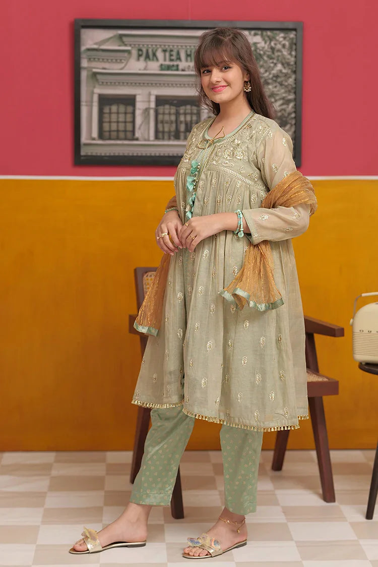 Picture of Girls formal clothes | Green & Gold | Formal 3 Piece Suit | Banarsi Masuri Fabric | GDD-03186 - Available at Raja Sahib