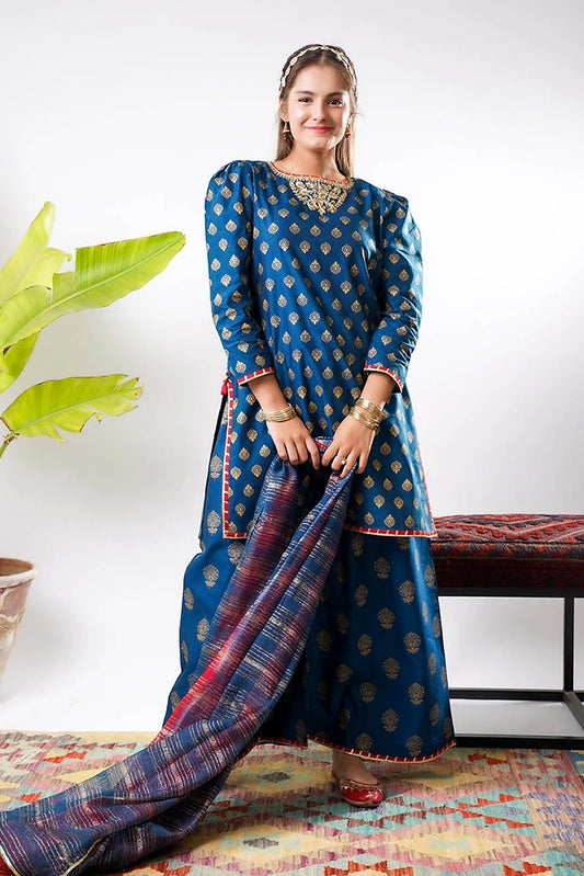 Picture of Senorita - Girls formal clothes - Blue & Gold - Formal 3 Piece Suit - GDD-03254 - Available at Raja Sahib