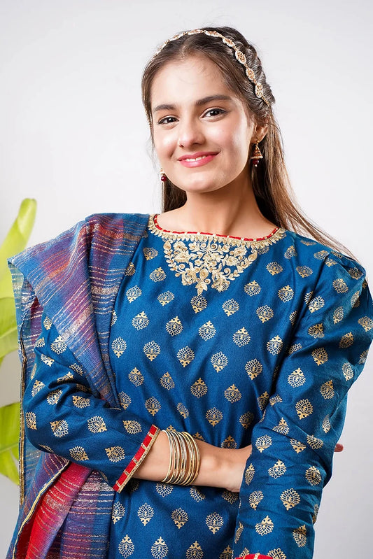 Picture of Senorita - Girls formal clothes - Blue & Gold - Formal 3 Piece Suit - GDD-03254 - Available at Raja Sahib