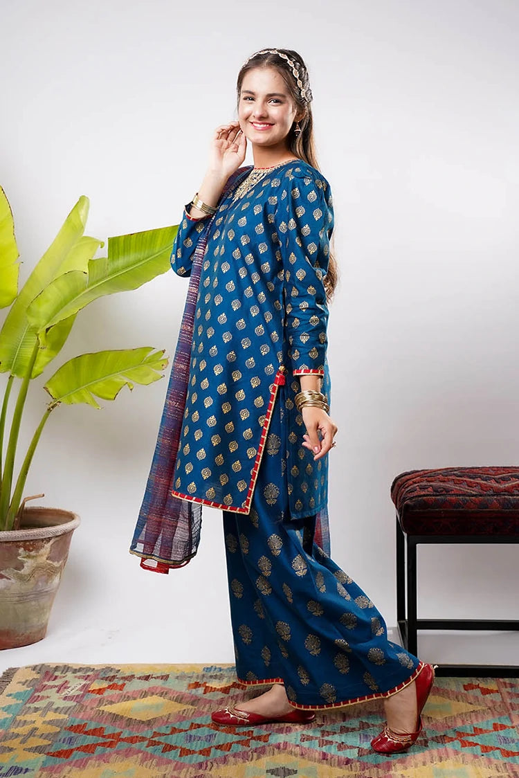 Picture of Senorita - Girls formal clothes - Blue & Gold - Formal 3 Piece Suit - GDD-03254 - Available at Raja Sahib