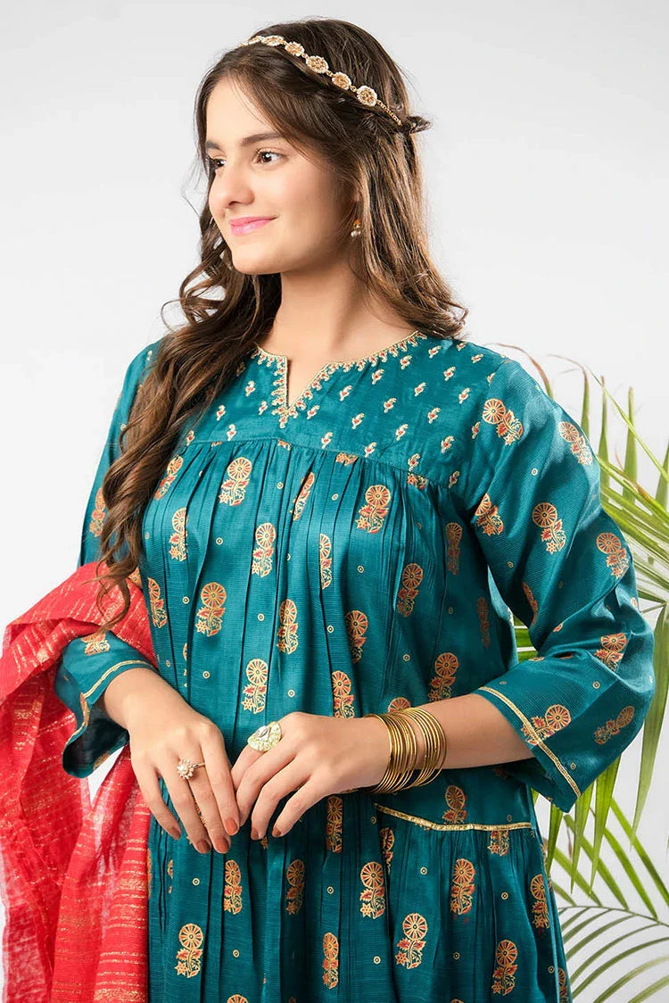 Picture of Senorita - Turquoise Blue & Multicolor - Formal 3 Piece Suit - Viscose Raw Silk - GDD-03293 - Available at Raja Sahib