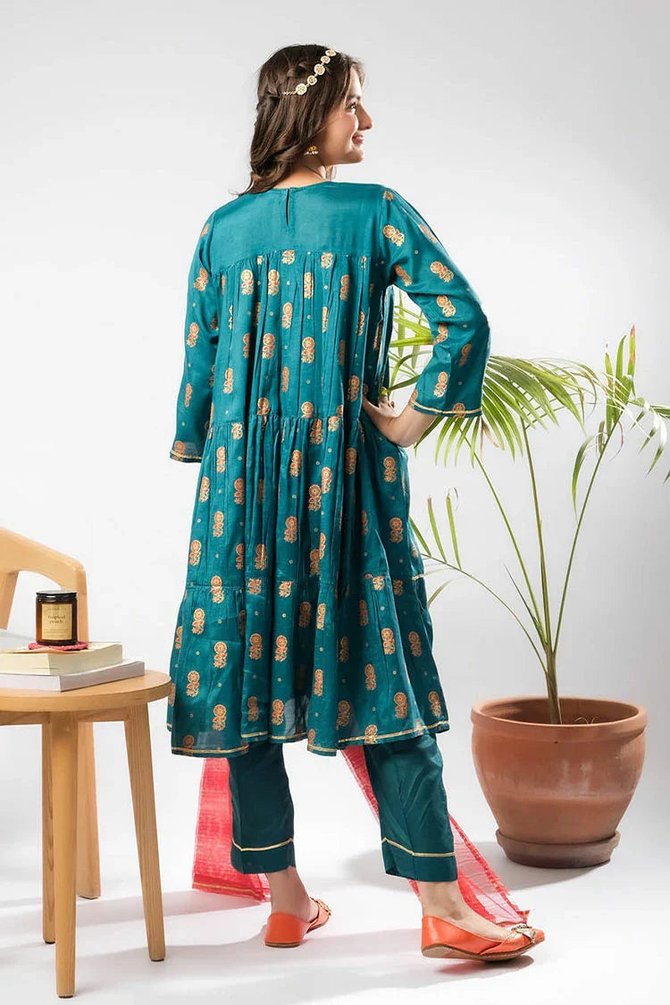 Picture of Senorita - Turquoise Blue & Multicolor - Formal 3 Piece Suit - Viscose Raw Silk - GDD-03293 - Available at Raja Sahib