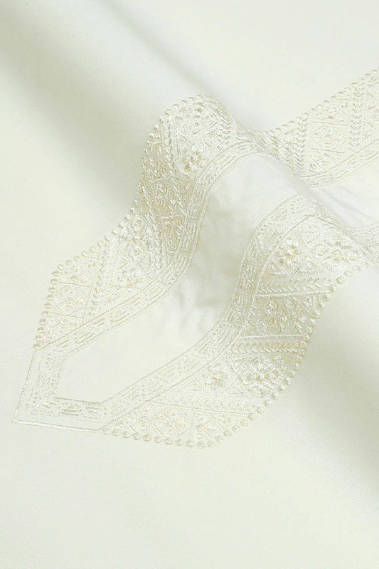 Picture of Fabrich - Men's Unstitch Self Thread Run-Stitch Embroidered Kameez Shalwar - Cream - Available at Raja Sahib