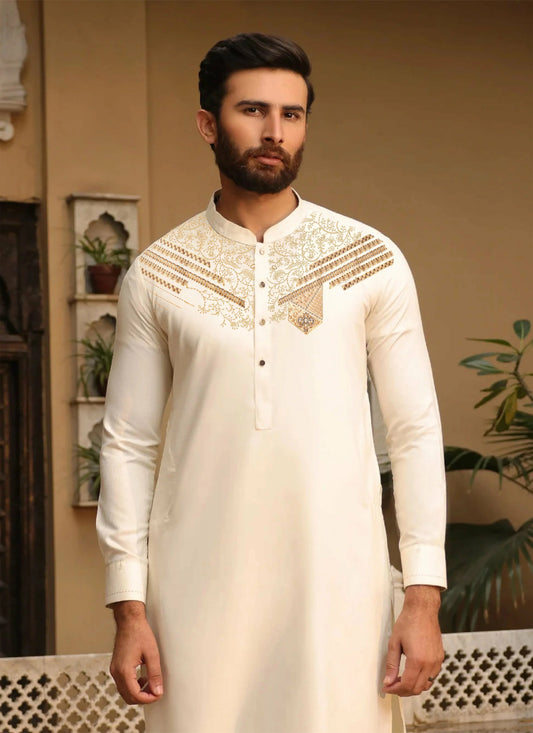 Fabrich - Men’s Cream Embroidered Kameez Shalwar – Monochrome Edit