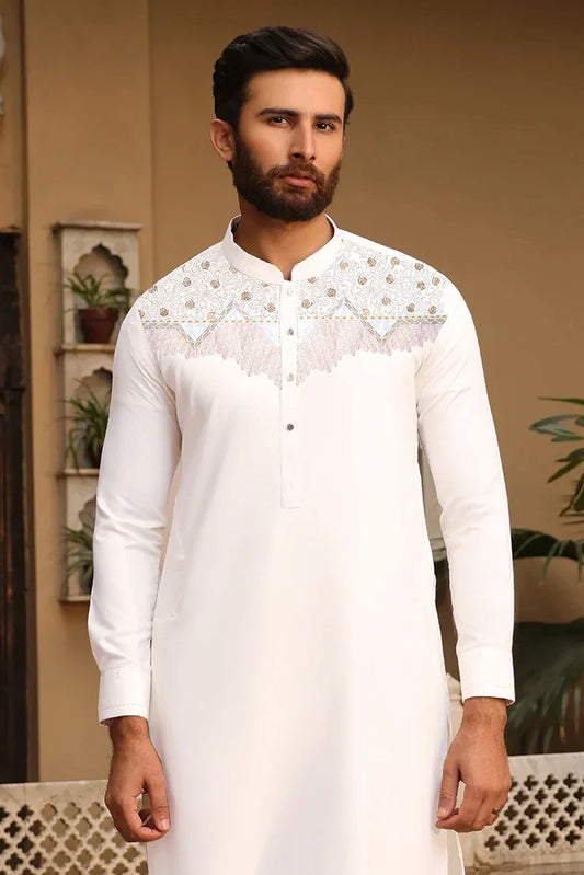 Fabrich - Men’s Off-White Embroidered Kameez Shalwar - Monochrome Edit