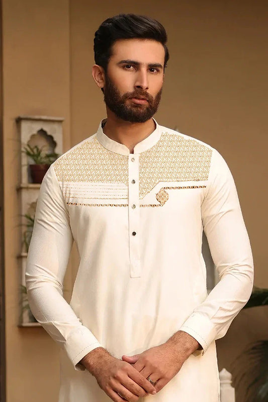 Fabrich - Men's Embroidered Kameez Shalwar - Cream