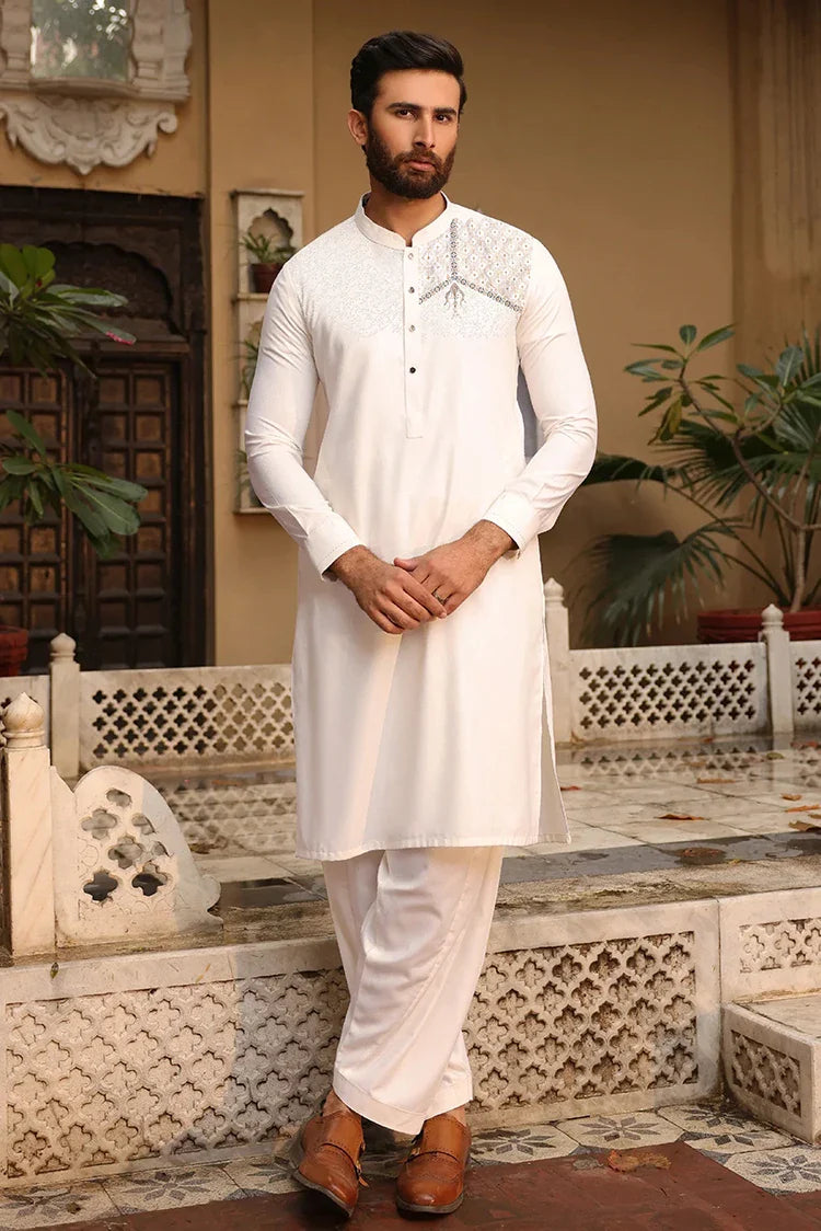 Picture of Fabrich - Men's Embroidered Kameez Shalwar - Off-White - Available at Raja Sahib