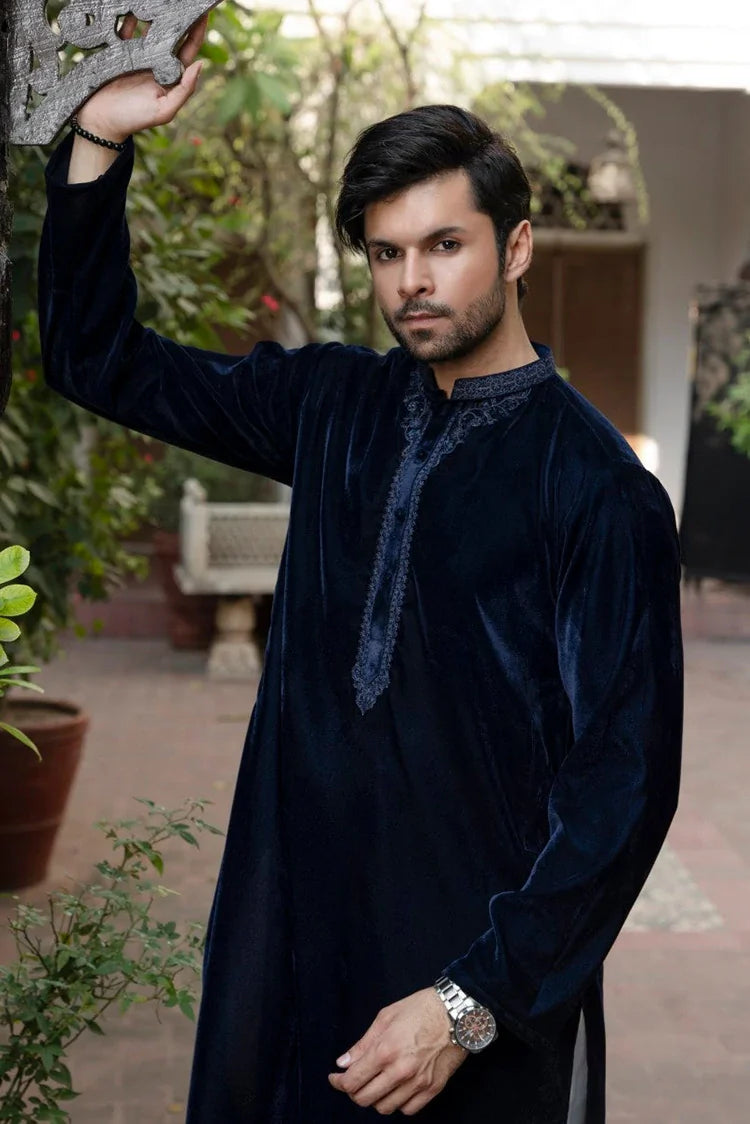 Picture of Fabrich - Mens Embroidered Kurta Shalwar - Navy - Available at Raja Sahib
