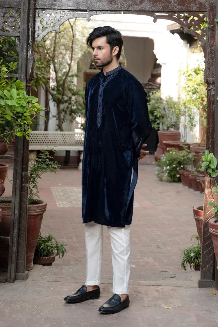 Picture of Fabrich - Mens Embroidered Kurta Shalwar - Navy - Available at Raja Sahib
