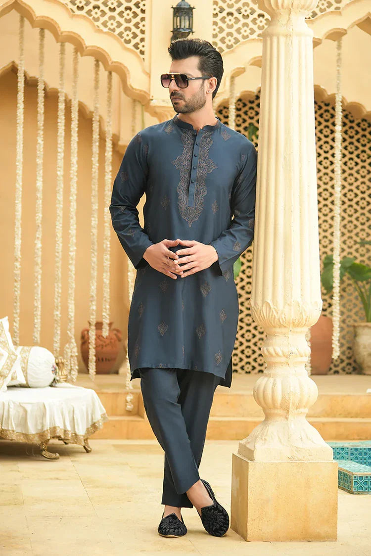 Picture of Fabrich - Men's Unstitch Embroidered Kameez Shalwar - Prussian - Available at Raja Sahib