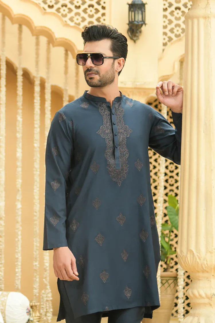 Picture of Fabrich - Men's Unstitch Embroidered Kameez Shalwar - Prussian - Available at Raja Sahib