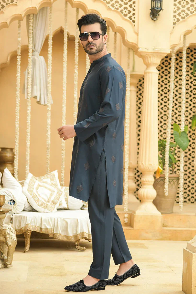 Picture of Fabrich - Men's Unstitch Embroidered Kameez Shalwar - Prussian - Available at Raja Sahib