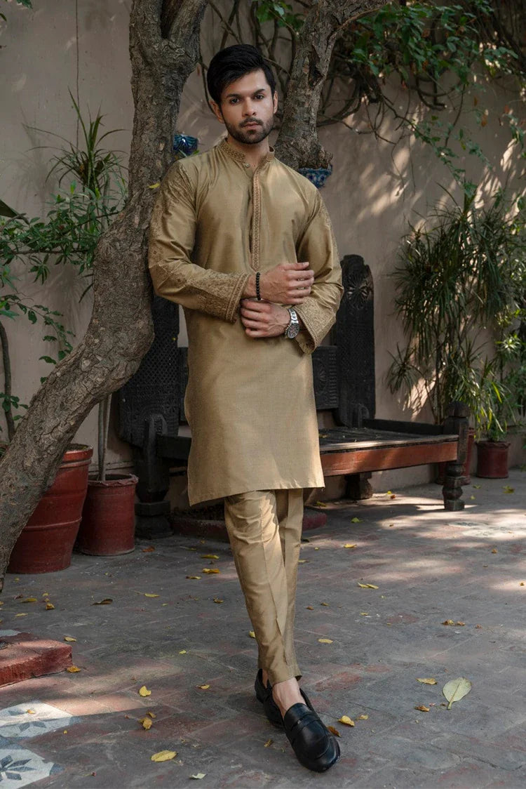 Picture of Fabrich - Mens Embroidered Kameez Shalwar - Antique-Gold - Available at Raja Sahib