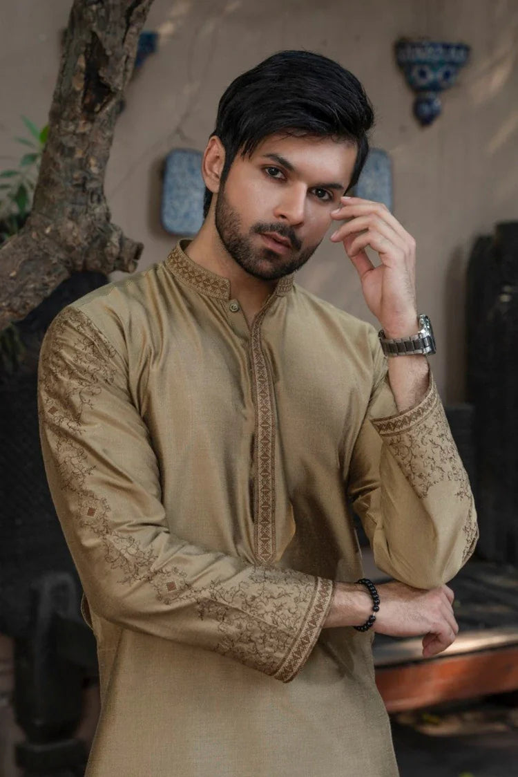 Picture of Fabrich - Mens Embroidered Kameez Shalwar - Antique-Gold - Available at Raja Sahib