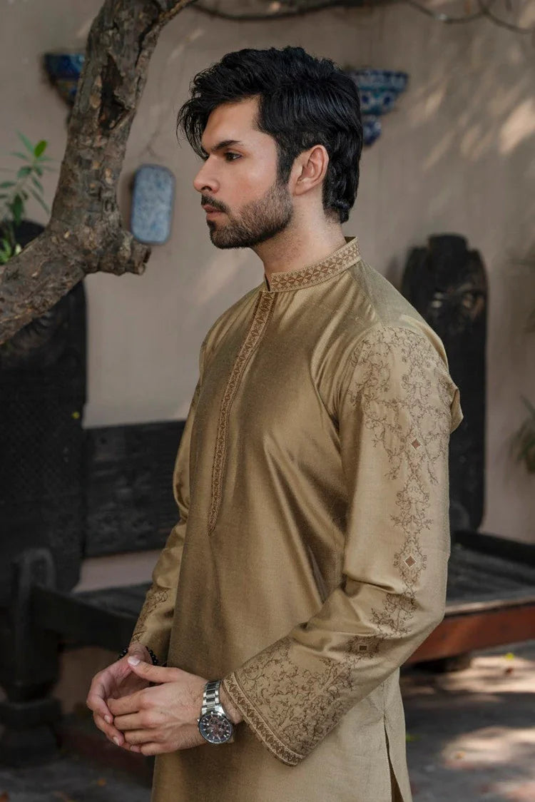 Picture of Fabrich - Mens Embroidered Kameez Shalwar - Antique-Gold - Available at Raja Sahib