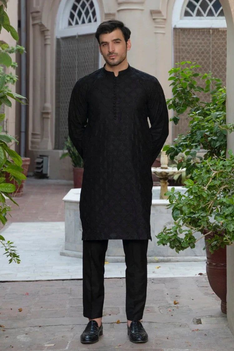 Picture of Fabrich - Mens Allover Embroidered Kameez Shalwar - Black - Available at Raja Sahib