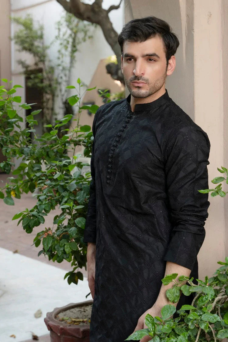 Picture of Fabrich - Mens Allover Embroidered Kameez Shalwar - Black - Available at Raja Sahib