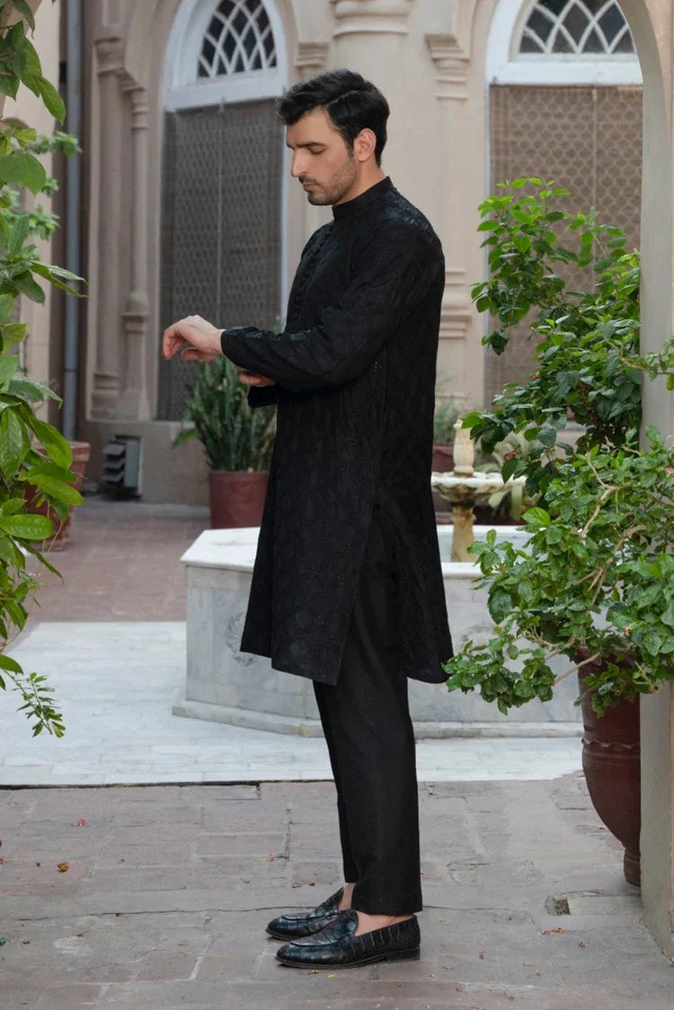 Picture of Fabrich - Mens Allover Embroidered Kameez Shalwar - Black - Available at Raja Sahib