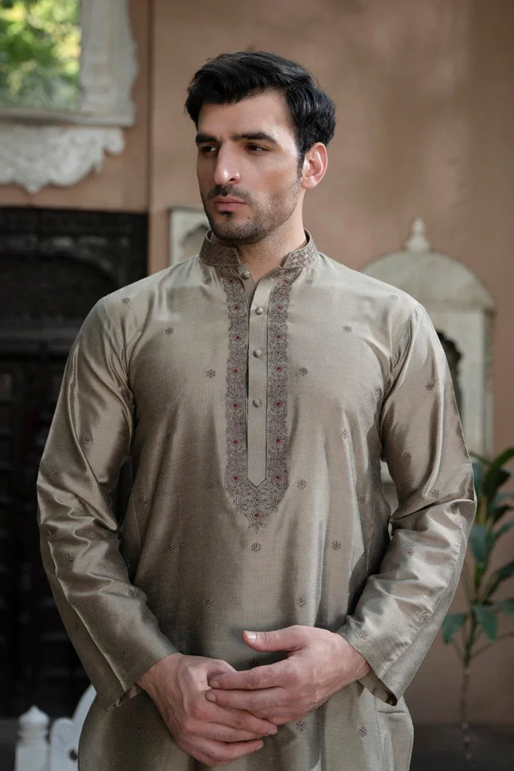 Picture of Fabrich - Mens Embroidered Kameez Shalwar - Ecru - Available at Raja Sahib