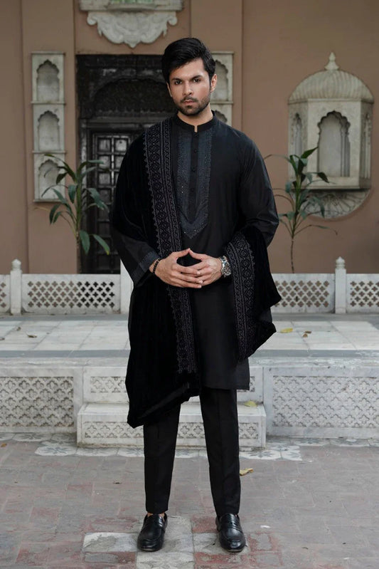 Fabrich - Mens Luxury Embroidered Velvet Shawl - Black