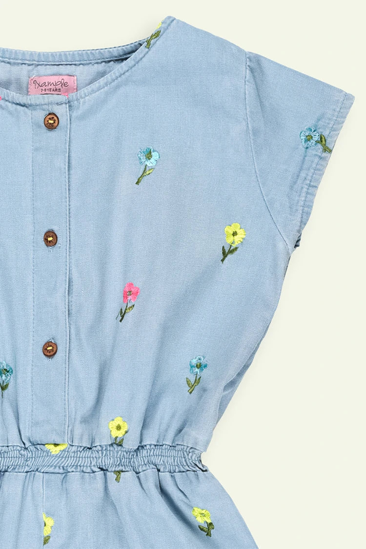 Picture of Ixample - Girls Floral Embroidered Denim Playsuit - Available at Raja Sahib