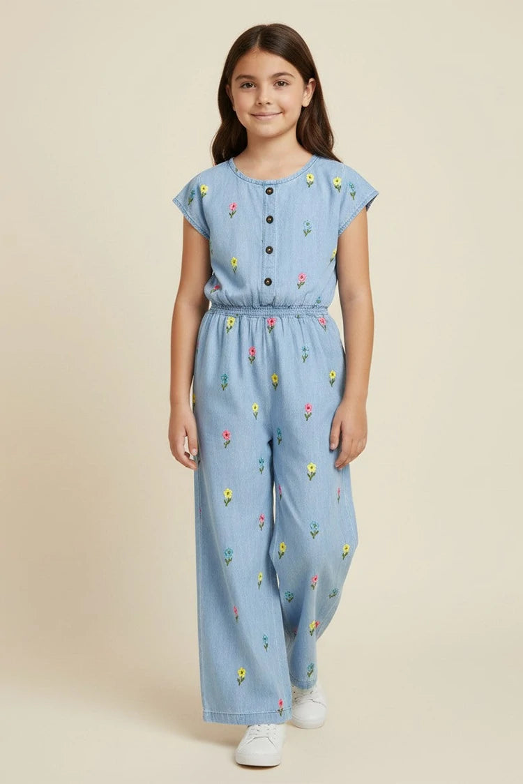 Picture of Ixample - Girls Floral Embroidered Denim Jumpsuit - Available at Raja Sahib
