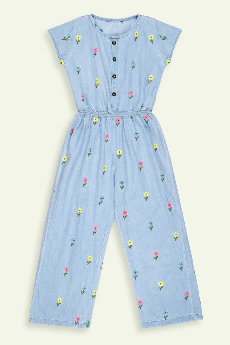 Picture of Ixample - Girls Floral Embroidered Denim Jumpsuit - Available at Raja Sahib
