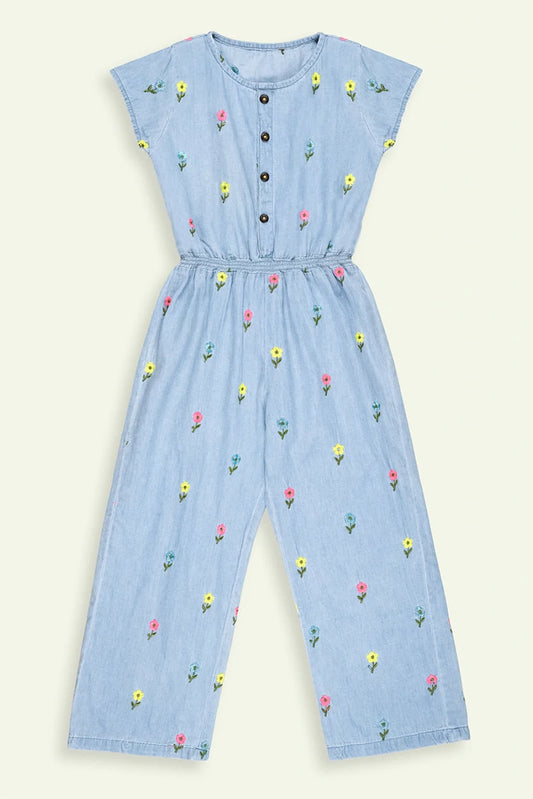 Picture of Ixample - Girls Floral Embroidered Denim Jumpsuit - Available at Raja Sahib