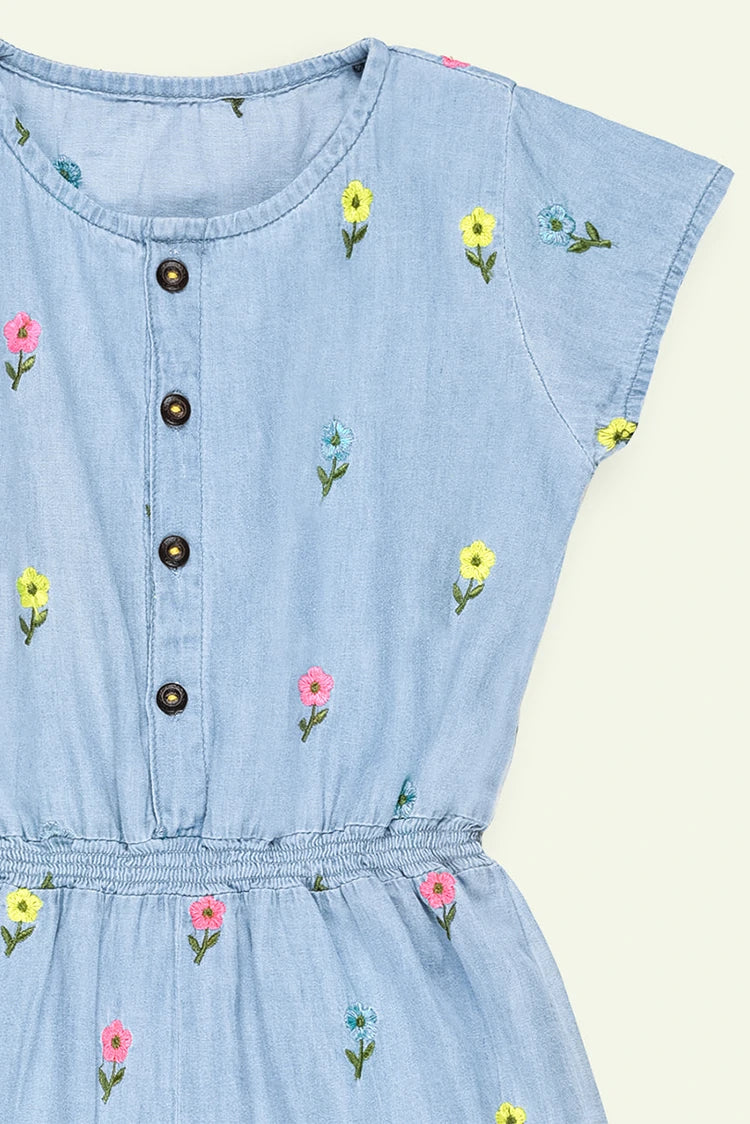 Picture of Ixample - Girls Floral Embroidered Denim Jumpsuit - Available at Raja Sahib