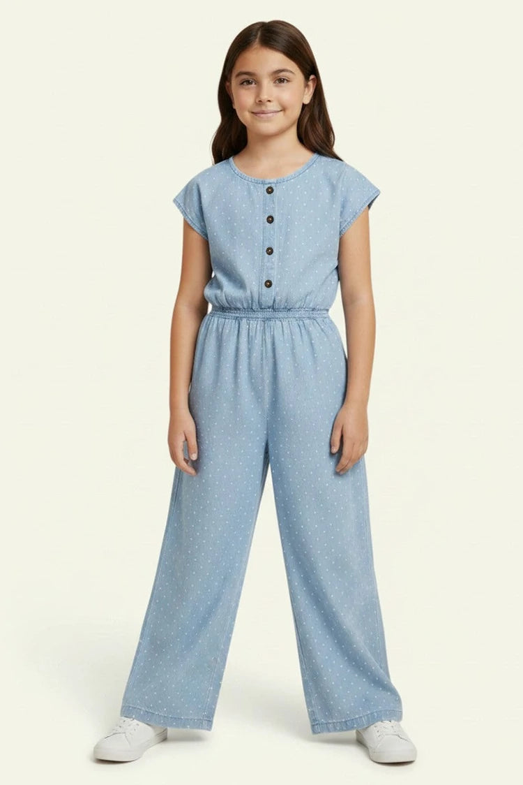 Picture of Ixample - Girls Sky Blue Printed Wide Leg Jumpsuit - Available at Raja Sahib