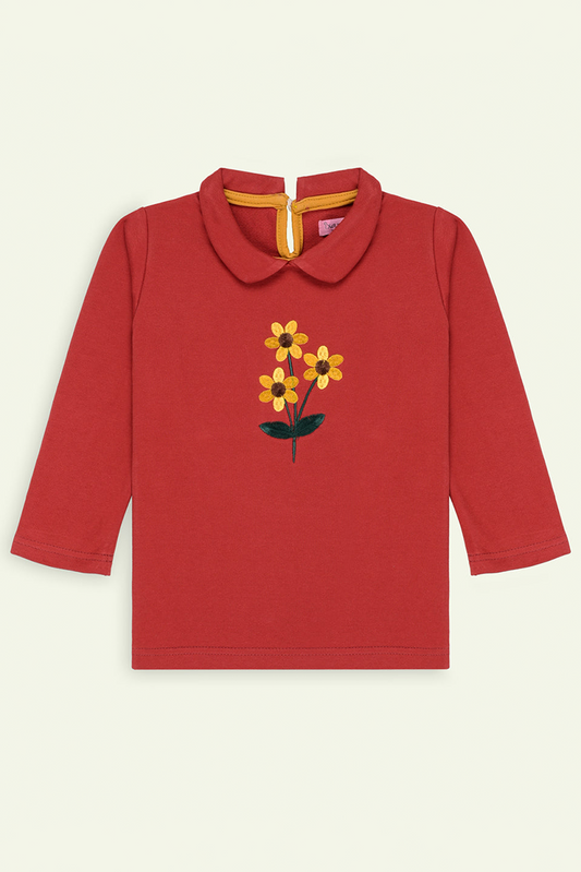 Ixample - Floral Embroidered Collared French Terry Top